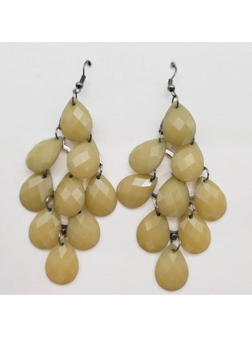 Green Teardrop Dangle Chandelier Earrings With Silver-Tone Metal Hooks 3.75"